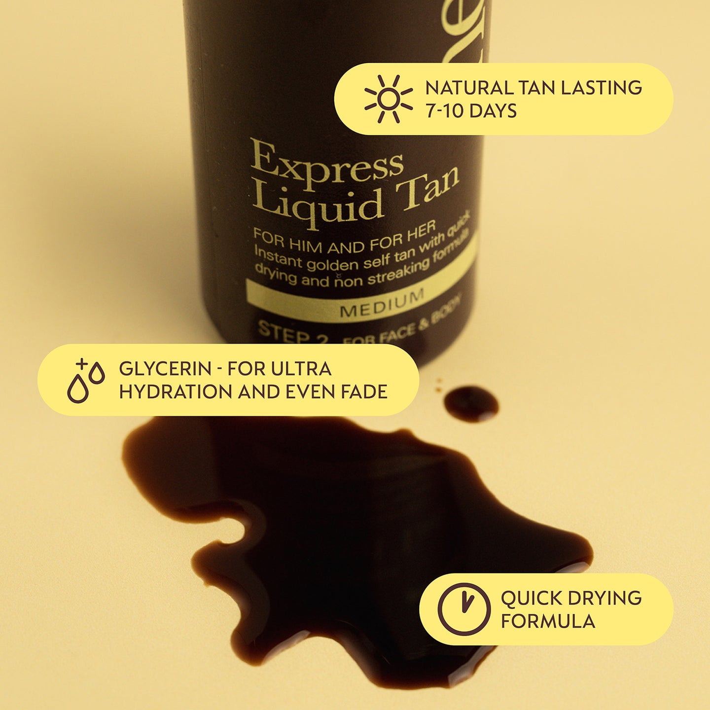 Express Liquid Tan bottle with product features highlighted on a beige background
